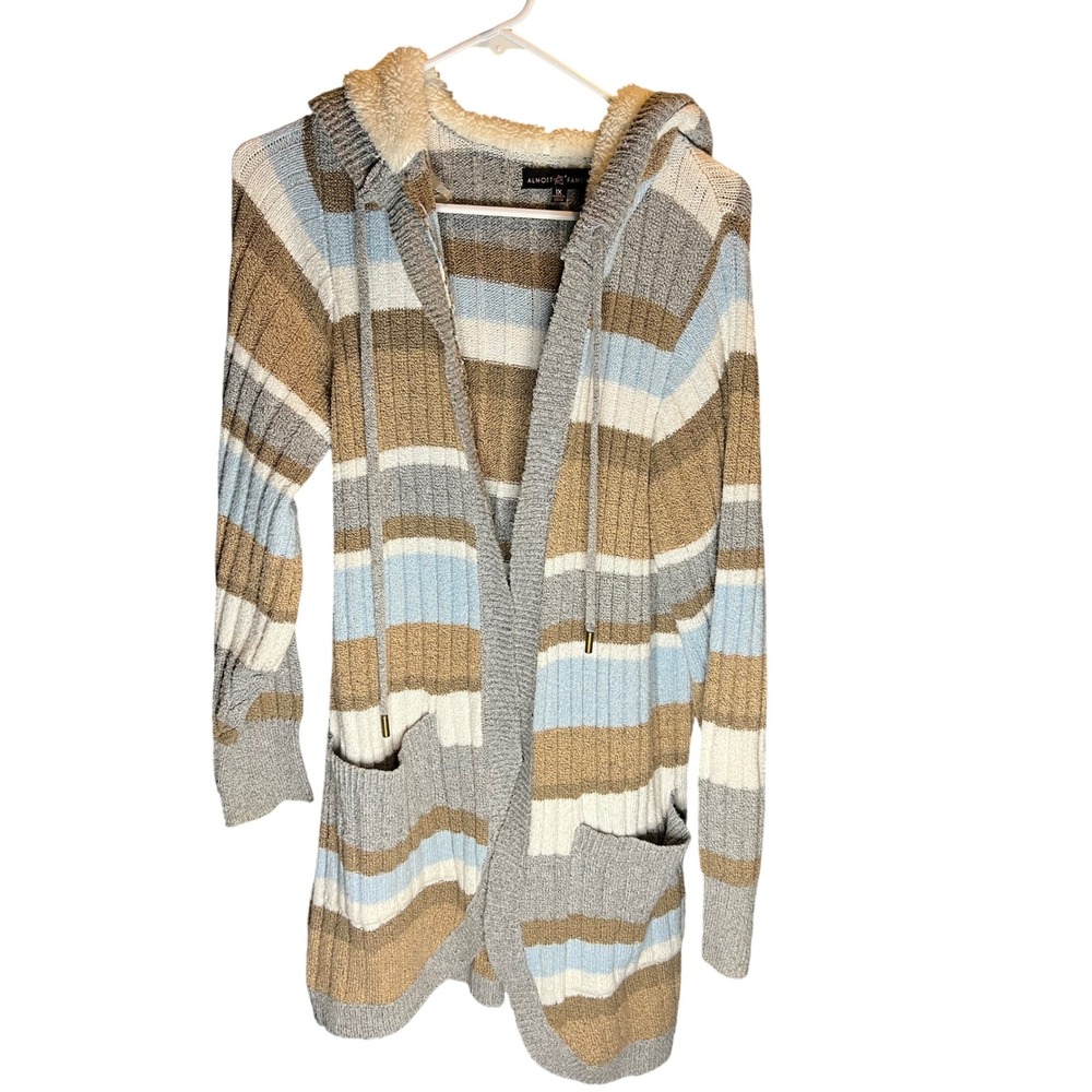 Almost Famous Womens 1X Striped Hooded Cardigan Sweater Sherpa Lined